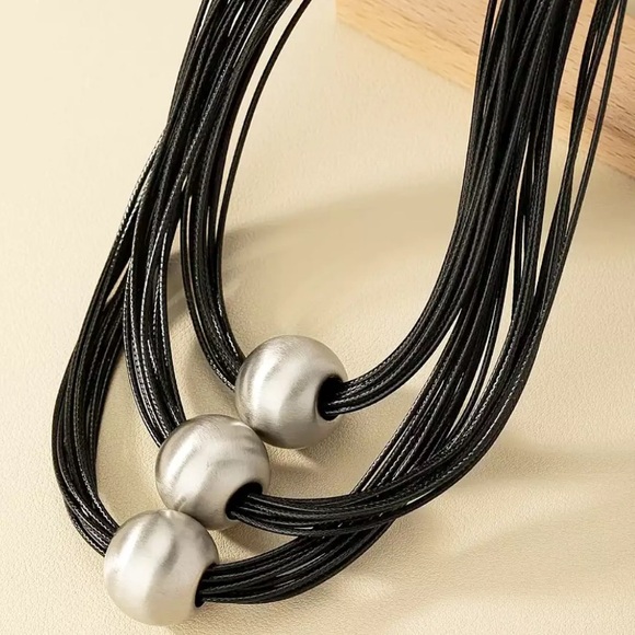 Multilayer Silver Black Ball Statement Necklace - Picture 6 of 9